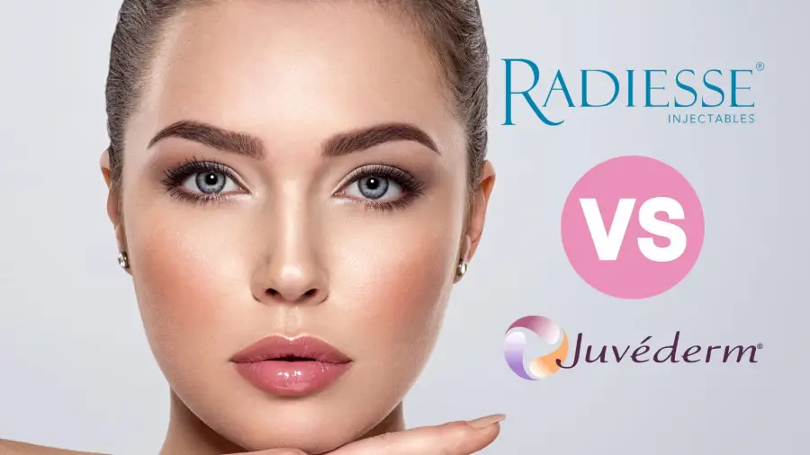 A side-by-side comparison of Juvedérm® and RADIESSE® treatments, highlighting their benefits for volume loss, wrinkle reduction, and facial rejuvenation.